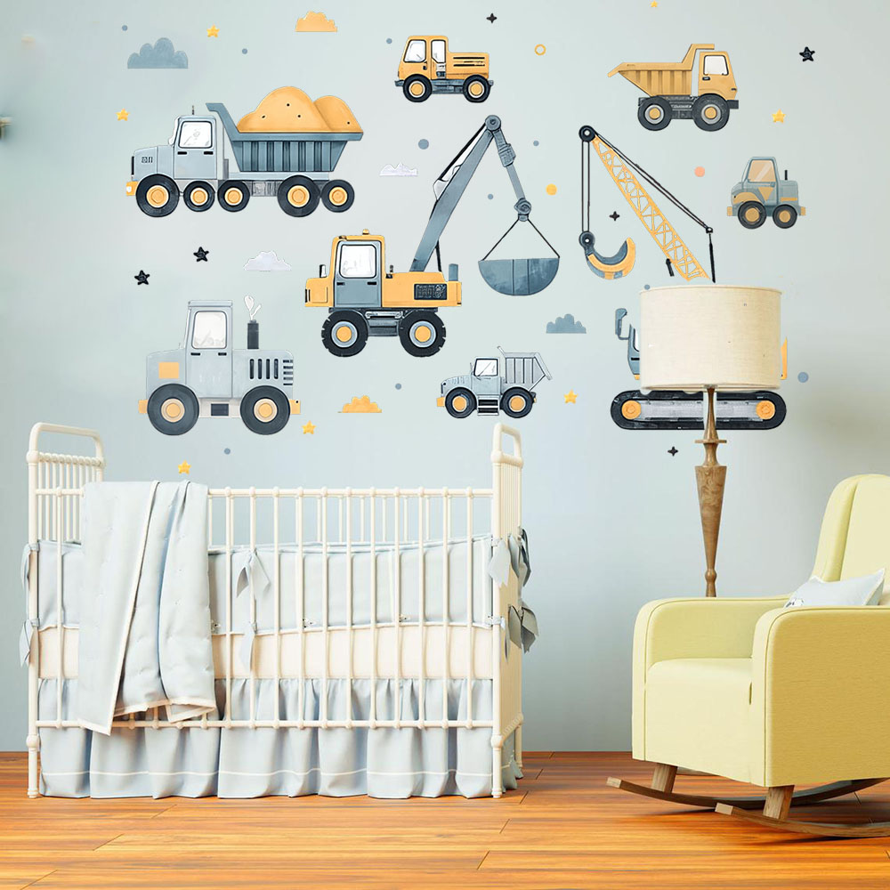 Baby Nursery Wall Mural - Juego de vehículos excavadoras de dibujos